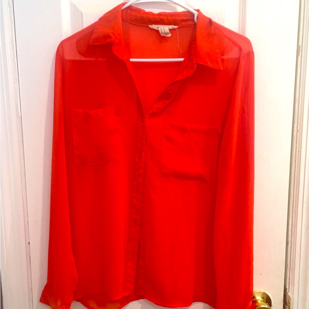 Forever 21 orange sheer long sleeve button down size Medium
